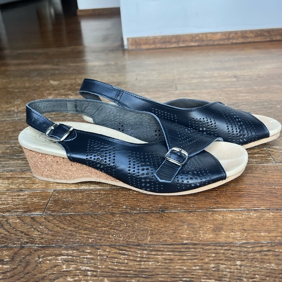 Worishofer Leather- Slingback Wedge Sandals in Navy blue, size 39 (8.5/9) - Picture 1 of 4